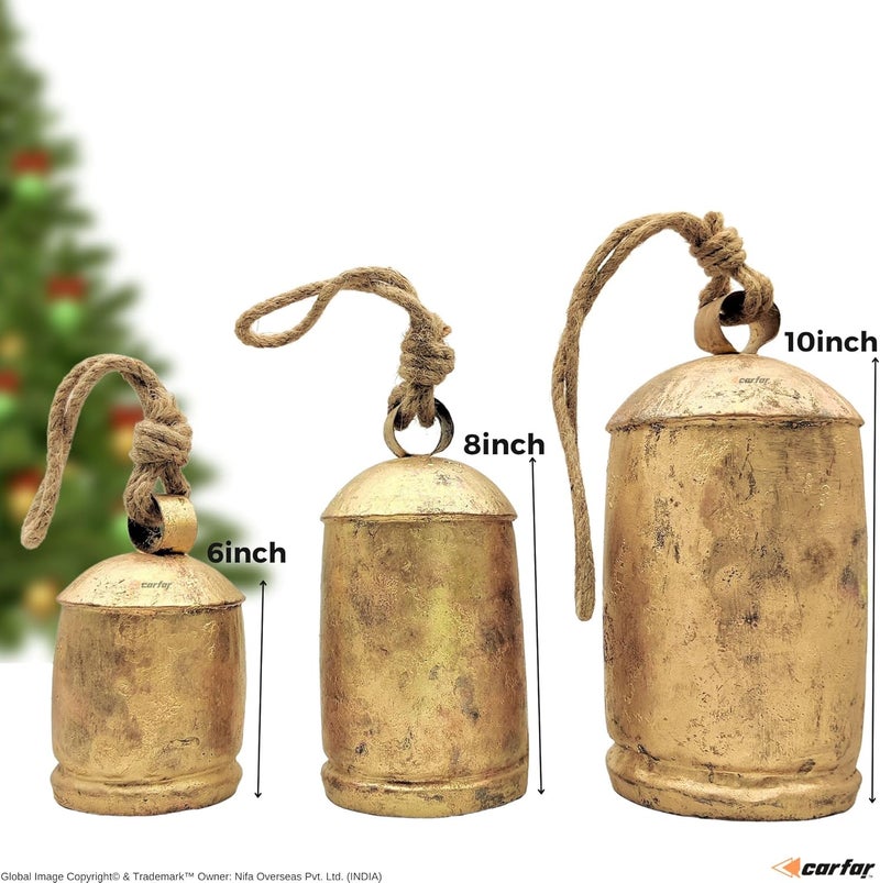 Carfar Shabby Chic Set of 3 Country Rustic Style Bells Handmade Metal Harmony Christmas Hanging Cow Bell Set on Jute Rope (Large) - Image 2